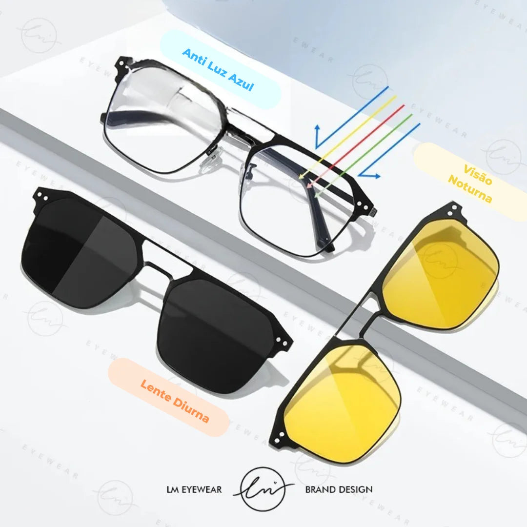 Óculos Clip On: Praticidade 2 em 1,descubra os Óculos Clip On, que unem armação de grau e lente solar em um único acessório. Práticos e versáteis, oferecem proteção UV e estilo com troca rápida das lentes. Envio Rápido e Fácil, com embalagem personalizada